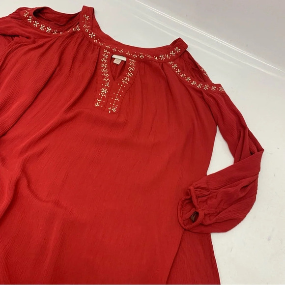 Knox Rose Gauzy Dress XXL  Red Beaded Cold Shoulder Below Knee Long Sleeve Hi Lo - Picture 6 of 10